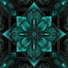 A Symmetrical Geometric Background In Colors Of Black And Green And Turquoise And Silver