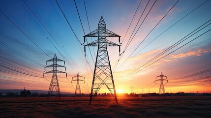 silhouette of high voltage electric tower on sunset time background