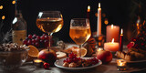 Fototapeta Panele - Festively set table with glasses, champagne and snacks. Christmas tree with bokeh on background