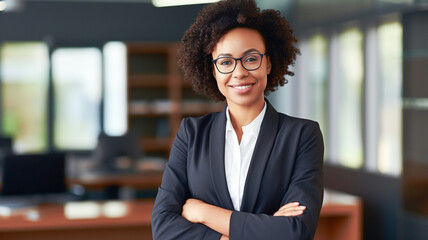 Wall Mural - Portrait, lawyer and young black woman smile and happy standing against bookshelf. African attorney, face of professional, female advocate and legal advisor in law firm.

