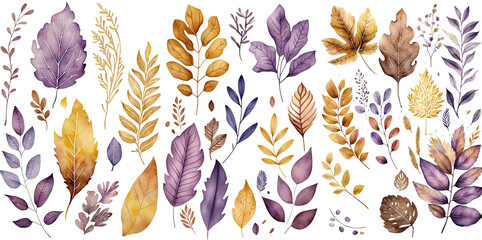 Wall Mural - Set of winter leaves watercolor Decor of hand drawn, winter leaves yellow orange purple brown color, winter leaves elegant watercolor , winter leaves isolated transparent background, PNG.