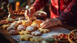 © Pana - Christmas Festive Delights Close up of hands arranging cookies, food, dough, cooking, bread, cake, kitchen, baking, flour, christmas, making, cookie, bakery, pastry, sweet, hand, dessert, cookies