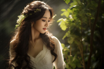Beautiful asian girl on bride dress