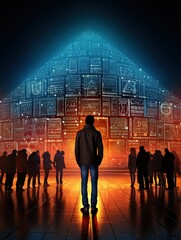 The technology of network connections and the society of people. Virtual background of digital data. Generated by AI.