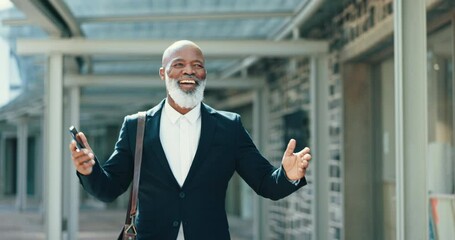 Poster - Dancing, success and African businessman in the city with leadership, corporate career and confidence. Professional, happy and elderly male executive company boss moving for winning in an urban town.