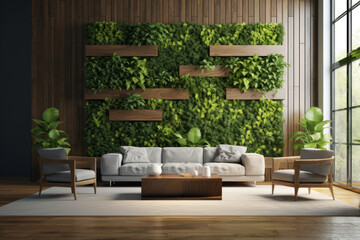 Wall Mural - Stylish living room interior with comfortable sofa, coffee table. Background from leaves and plants. Plant wall with lush green colors