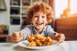 Happy Child eating delicious fried chicken at home,Generative AI.