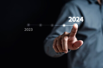 Aufkleber - Steps Growth up of Happy new year resolution planning and challenge strategy business with arrow up in New year 2024 with chart graph and countdown merry christmas and happy new year concept.