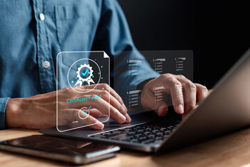 Leinwandbilder - Sign assessment for certificate in online survey form, questionnaire, evaluation, online survey exam Choosing the right answer in the exam, filling out. digital form checklist improvement.