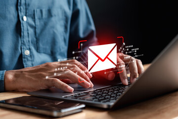 Poster - Alert Email inbox and spam virus with warning caution for notification on internet letter security protect, junk and trash mail and compromised information.