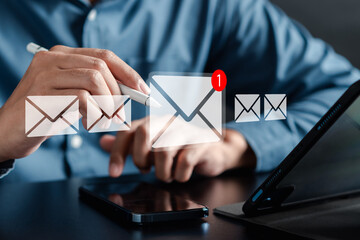 Poster - Businessman sending email by digital smartphone to customer, business contact and communication, email icon, email marketing concept, send e-mail or newsletter, online working internet network.