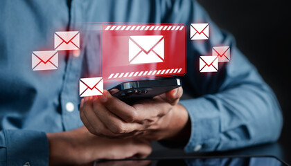 Poster - Alert Email inbox and spam virus with warning caution for notification on internet letter security protect, junk and trash mail and compromised information.
