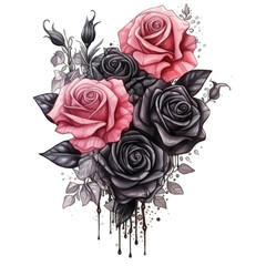 Wall Mural - Bouquet of black roses and pink roses, gothic. Isolated on white background