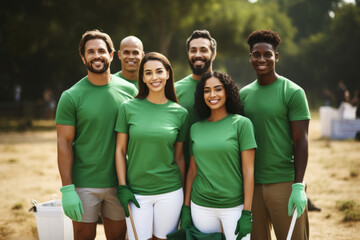 A diverse group of volunteers, young and old, joins forces in a cheerful act of altruism, cleaning up the park, collecting garbage, and caring for the environment in a selfless community effort.