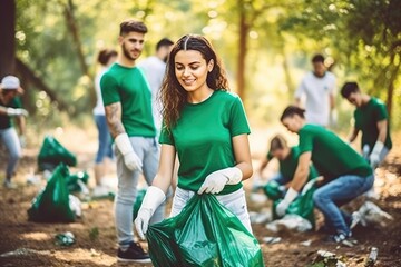 Wall Mural - A diverse group of volunteers, young and old, joins forces in a cheerful act of altruism, cleaning up the park, collecting garbage, and caring for the environment in a selfless community effort.