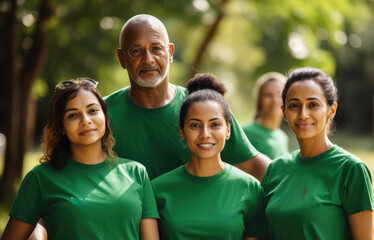 A diverse group of volunteers, young and old, joins forces in a cheerful act of altruism, cleaning up the park, collecting garbage, and caring for the environment in a selfless community effort.