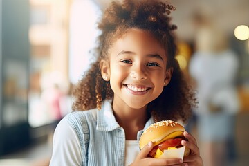 A cute, young girl enjoys a hamburger for lunch, displaying her appetite for fast food with delight.