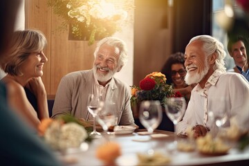 Sticker - A group of senior adults enjoys togetherness while sharing a meal and wine on a terrace, celebrating their friendship.