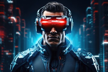 Immersed in the future, a young man wearing futuristic virtual reality glasses explores a vibrant digital world, merging innovation and style in a neon-lit cyber journey