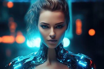 In a futuristic world, a beautiful female cyborg model with metallic features and glowing red and blue accents showcases the perfect blend of technology and glamour