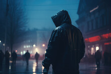 In The Eerie Darkness Of The City At Night, An Anonymous Figure Roams The Rainy Streets, Shrouded In Mystery And Danger, Creating A Sense Of Unease And Intrigue.