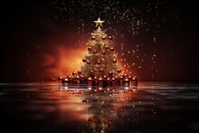 Christmas Tree Adorned With Gold Sparkling Ornaments On A Sparkling Holiday And Festive Background