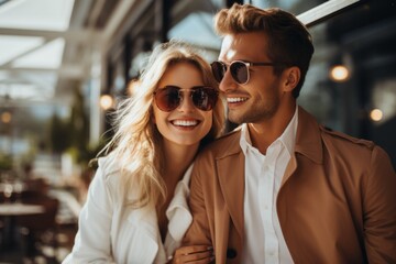 American happy couple family man woman joyful smiling harmony walk feeling love laughter hugs romantic together married enjoying two people happiness comfort outside cafe sunglasses fun relationship