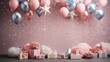 Pastel Party Balloons and Gift Boxes Decoration.
Assortment of pastel balloons with sparkles and gift boxes on a pink background.