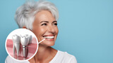 Fototapeta Sypialnia - Portrait of a beautiful smiling senior woman with gray hair and white perfect teeth isolated on a blue studio background with copy space. Dental care. Dental prosthetics. Dentistry concept.