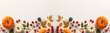 Autumn Cozy Seamless Of Pumpkins And Leaves. Festive Autumn Decor From Pumpkins, Berries And Leaves On White Background. Concept Of Thanksgiving Day Or Halloween. A Flat Lay Autumn Composition