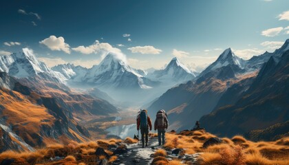 Wall Mural - Mountaineers hiking by the Base camp overlooking. Altitude tones