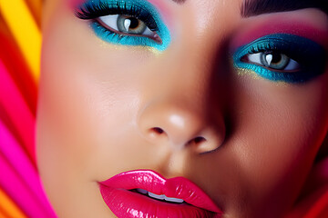 woman face with fashion bright multicolored makeup of eyes and vivid pink lips closeup