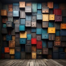 A Large Wall Being Made Of Wood Boxes With Different Colors