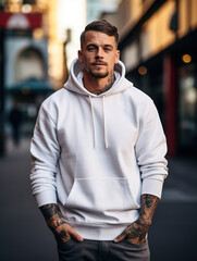 Wall Mural - Front view of a young man wearing a blank white hooded sweatshirt with kangaroo pockets on a city street. Mockup template for branding or printing.