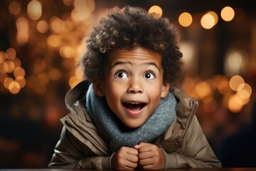 Excited little boy waiting near the Christmas tree. Copy space. Website images