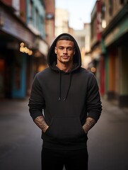City portrait of handsome man wearing blank mockup black hoodie or sweatshirt with space for your logo or design