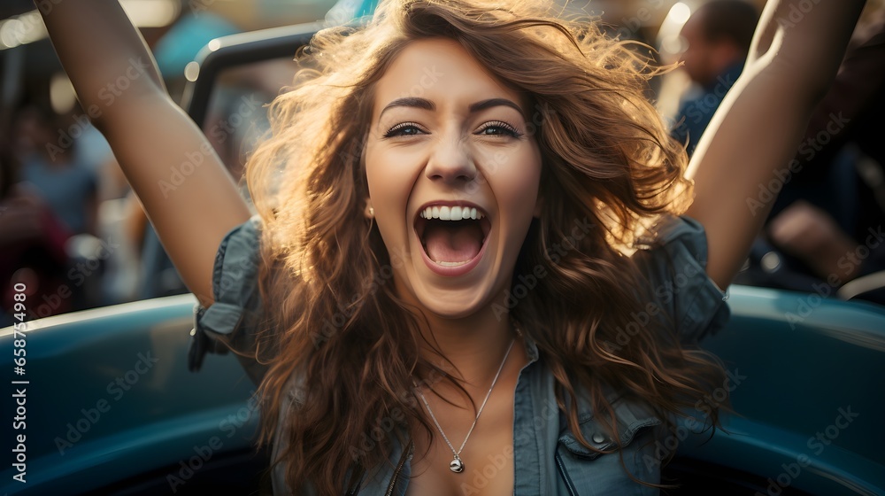 Excited Woman with Raised Arms Enjoying the Ride. Cheerful woman with ...
