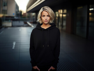 Wall Mural - Handsome young female wearing black blank hoodie with space for your logo or design. Mockup for print