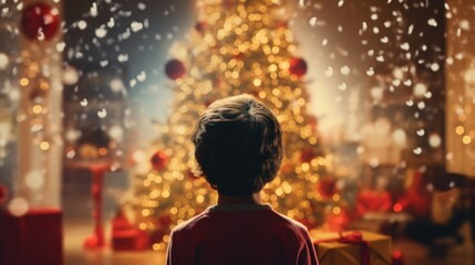 Wall Mural - Little boy standing in living room decorated for Christmas