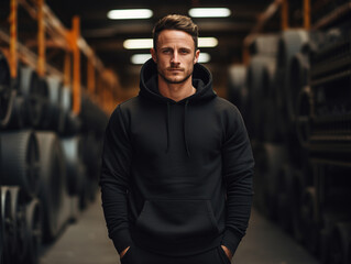 Wall Mural - Portrait of a young man wearing a black blank hoodie with a kangaroo pocket against a blurred garage background. Mockup for your texts or designs