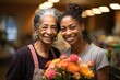 A heartwarming moment captured: a young African American woman spending quality time with her elderly mother or grandmother, reflecting love, care, and cherished family bonds.