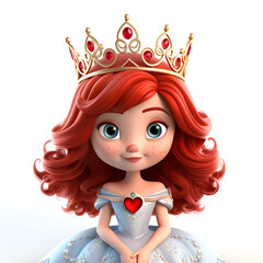 Sticker - 3d illustration. a cute little princess with red curly hair in a crown.