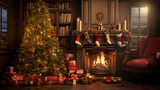 Fototapeta Przestrzenne - Christmas scene in warm winter house with fireplace and christmas presents,  winter seasonal marketing asset