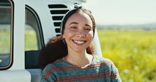 Happy, Road Trip And Face Of Woman By A Car In Nature For Outdoor Adventure, Vacation Or Holiday. Excited, Smile And Portrait Of Young Person From Mexico With Positive Attitude In Countryside