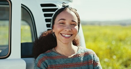 Poster - Happy, road trip and face of woman by a car in nature for outdoor adventure, vacation or holiday. Excited, smile and portrait of young person from Mexico with positive attitude in countryside