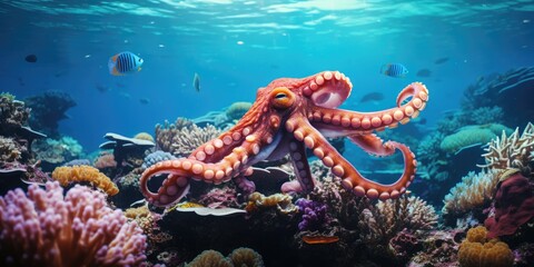 Canvas Print - beautiful giant octopus around beautiful colorful coral AI Generative