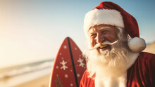 Santa Claus On Christmas With Christmas Tree And Surfboard On Beach Poster With Copy Space - Fictional Person, Generative AI