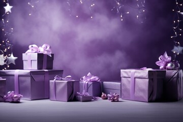 Wall Mural - Studio lighting with copy space. Violet monotone background and the same color wrapped gift boxes