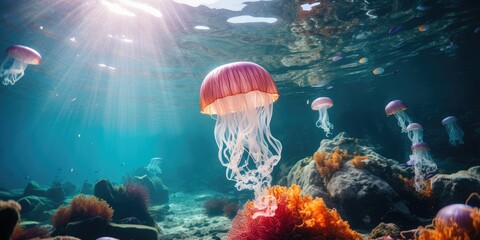 Wall Mural - beautiful jellyfish around very beautiful coral reef AI Generative