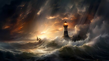 Illustration Of A Boat Sailing Towards The Lighthouse During A Storm